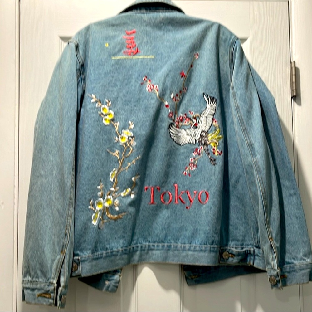 Embroidered back, ladies jean jacket, size 12 -mint condition